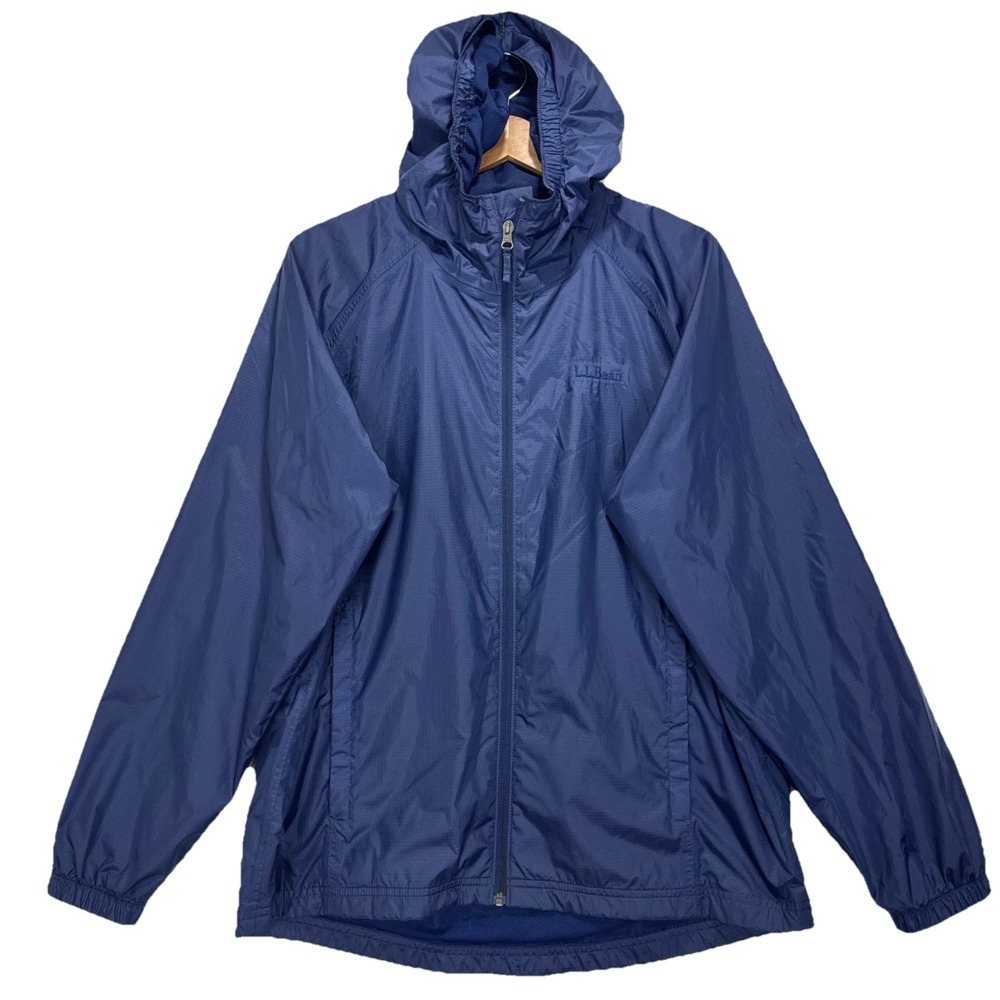 L.L. Bean Hooded Windbreaker Mens Medium Blue Ripstop Mesh Lined Full Zip Jacket